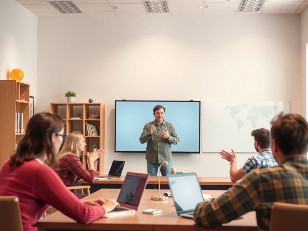 A business meeting where a man presents to a group, discussing online courses and digital products.
