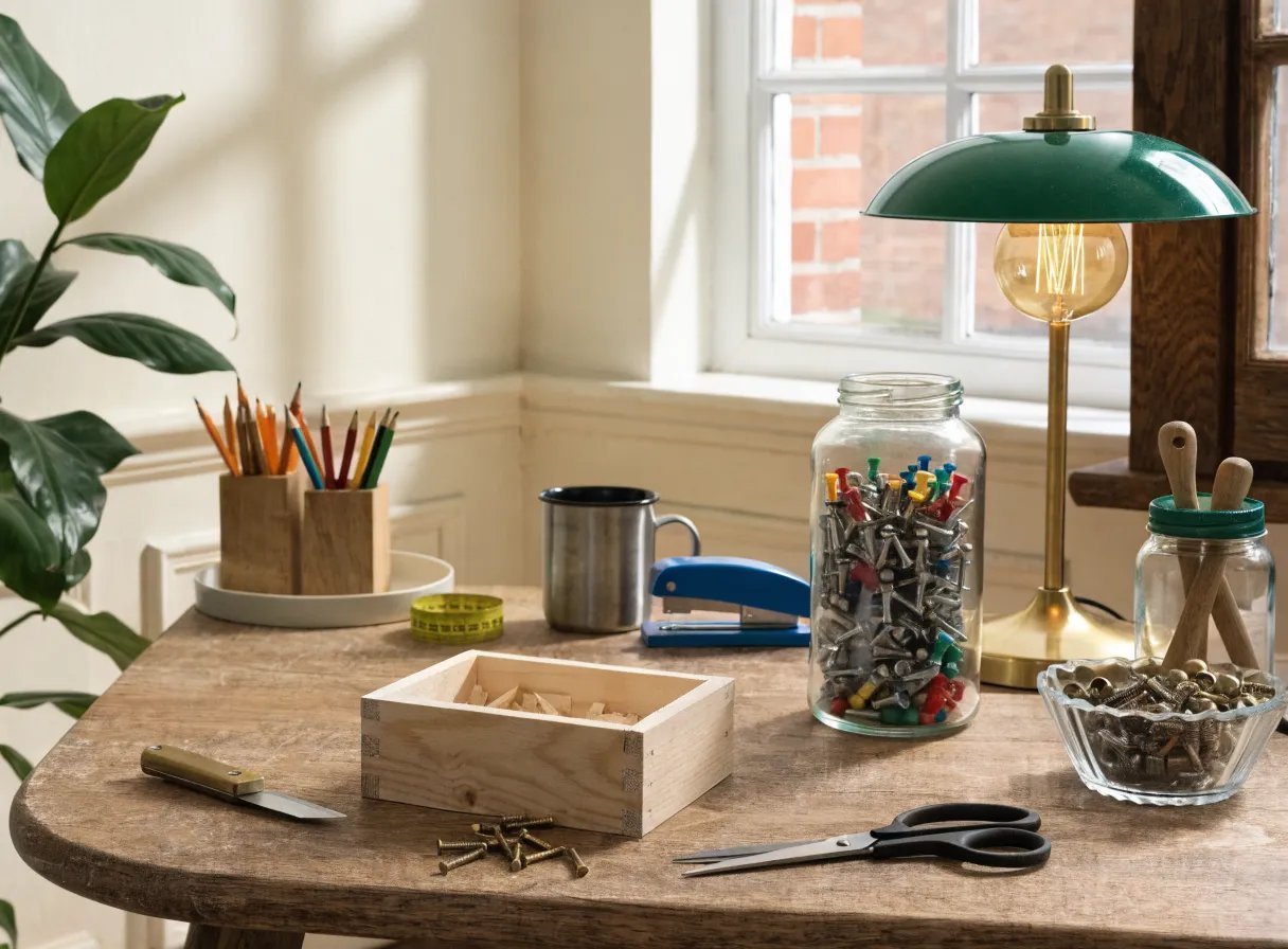 Workspace filled with tools and supplies for DIY projects.