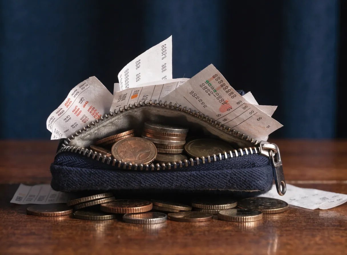 A wallet filled with various bills and coins illustrating small expenses.