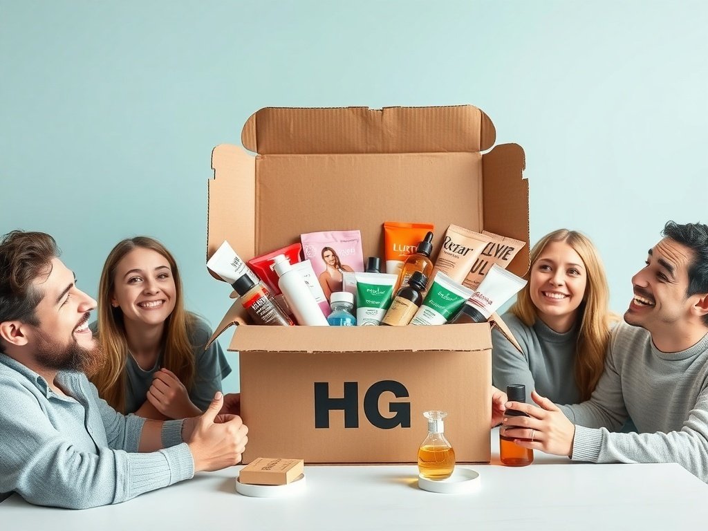 A group of happy people gathered around an open box filled with various beauty and personal care products.