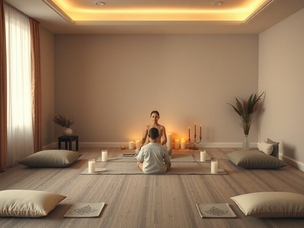 A serene meditation space with cushions, candles, and a calming atmosphere.