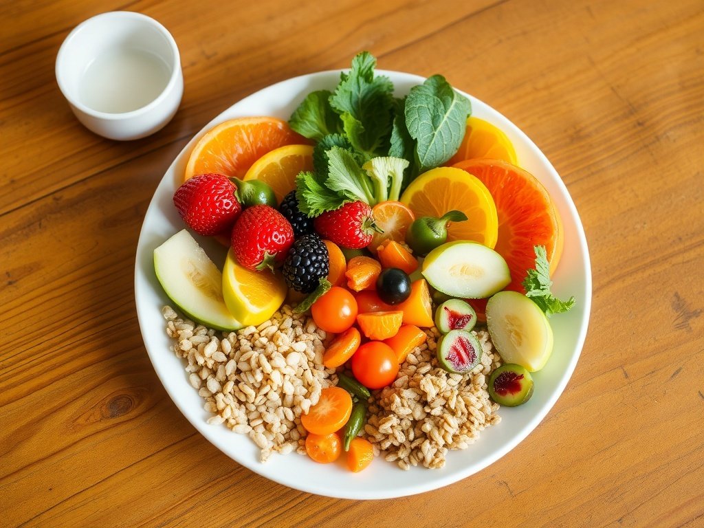 A colorful plate of fruits, vegetables, and grains presented beautifully on a wooden table