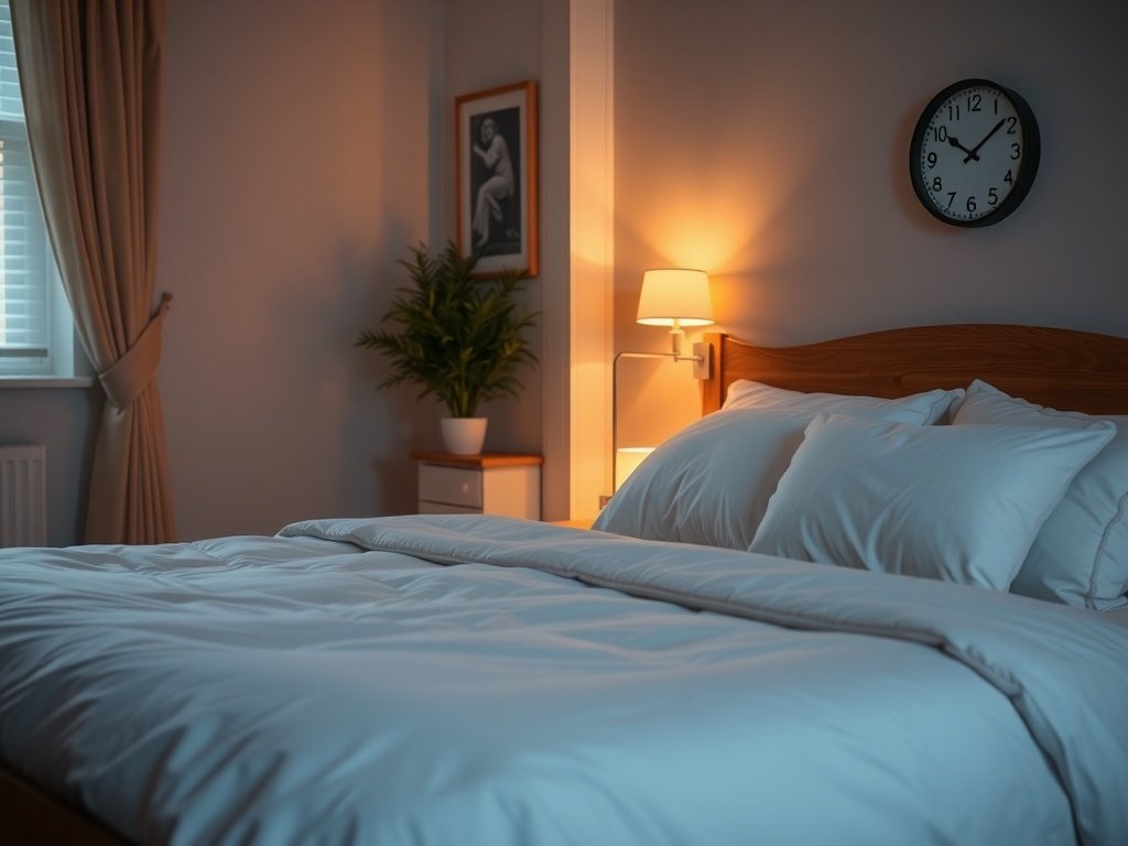 A cozy bedroom featuring a neatly made bed, bedside lamp, and wall clocks