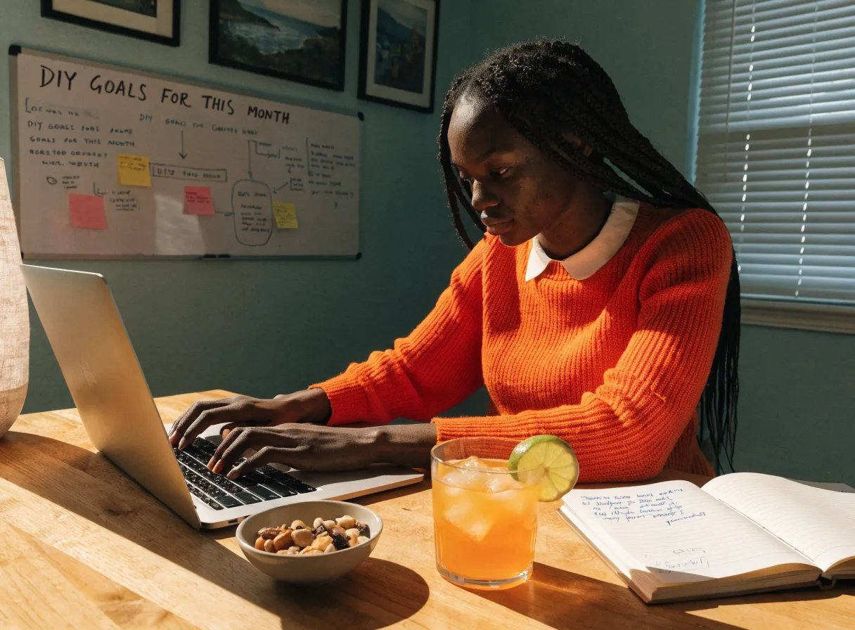 A workspace with a whiteboard filled with DIY project ideas and a tidy desk.