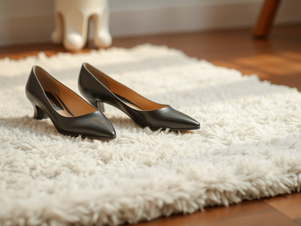 A pair of elegant black pointed-toe shoes on a soft white rug.