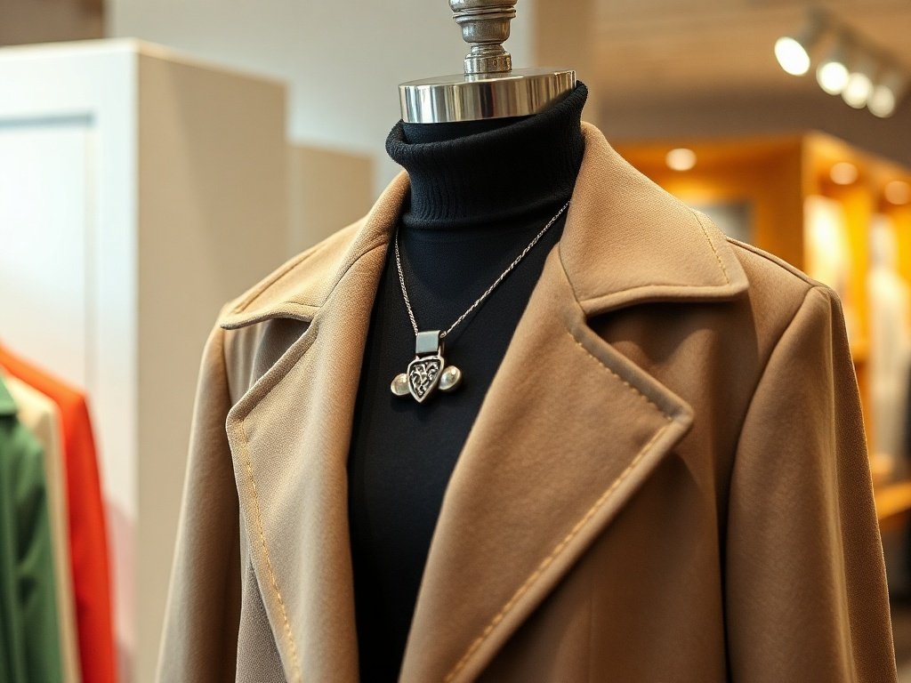 A stylish display of a layered outfit featuring a tan coat and a black turtleneck.