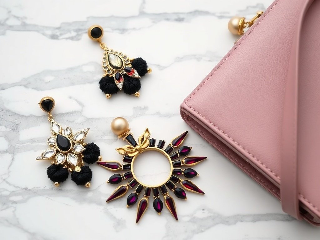 Assortment of statement earrings and a pink handbag on a marble surface.