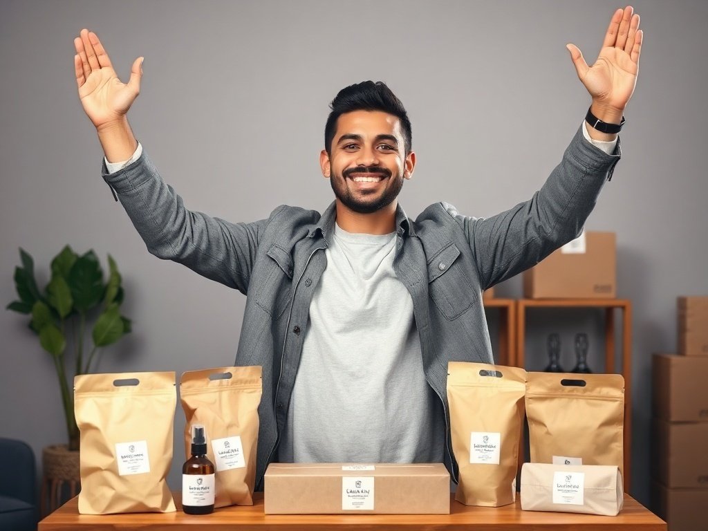 A joyful entrepreneur celebrating success in an e-commerce setting, surrounded by packages and products.