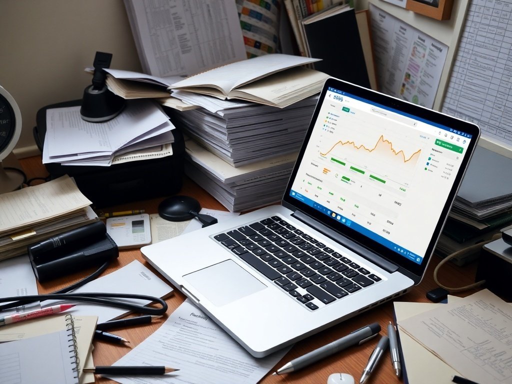 A cluttered desk with stacks of papers and a laptop displaying financial graphs