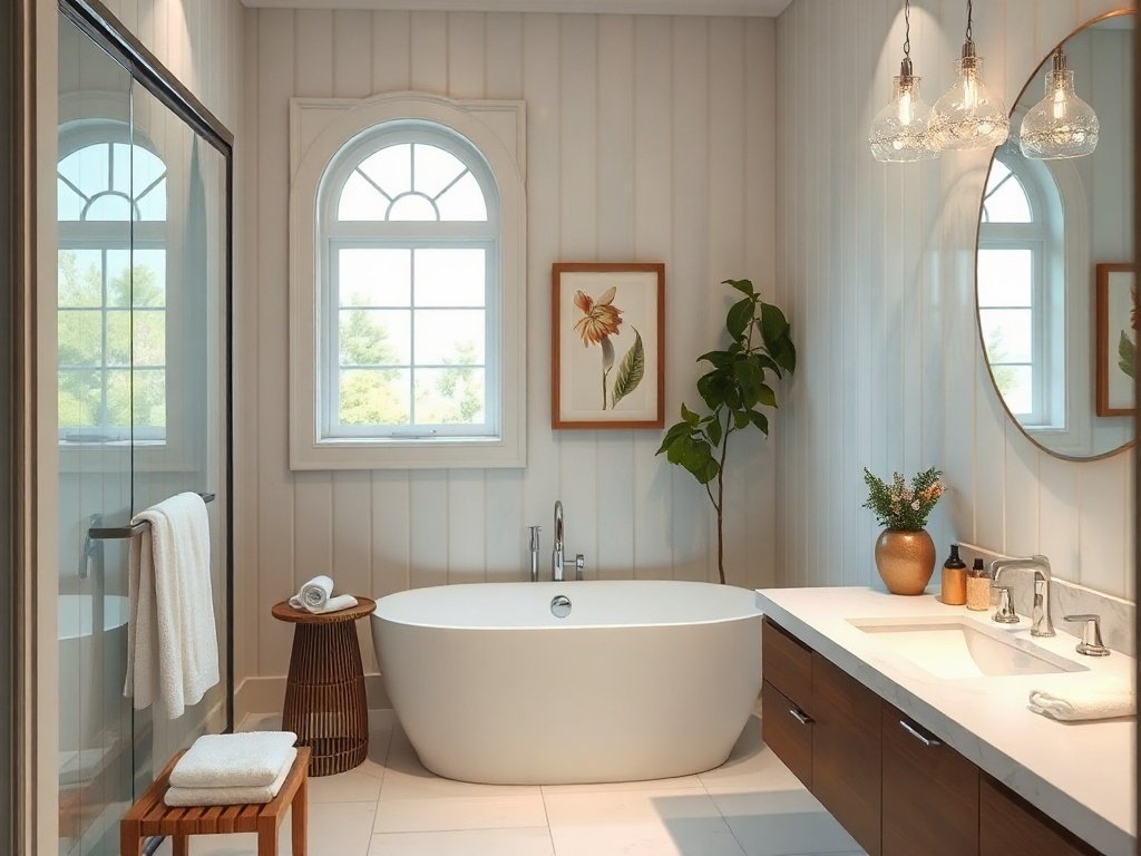 A minimalistic bathroom counter with grooming products, a brush, and a candle for a calming atmosphere.
