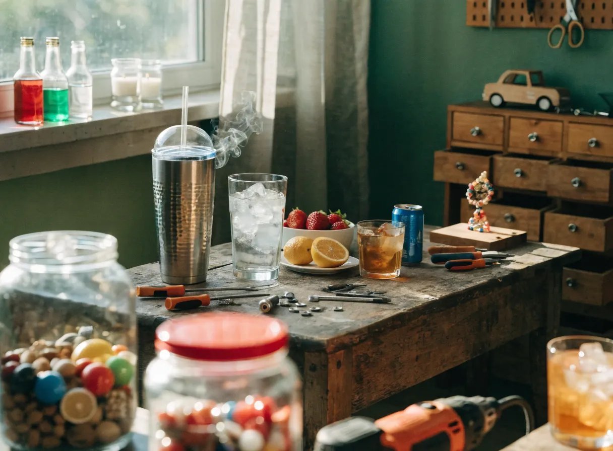 A cozy setup showcasing a festive atmosphere with colorful balloons, snacks on a plate, and cheerful decorations.