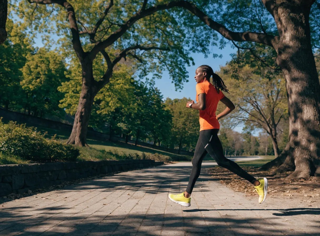 A person jogging along a tree-lined path in a sunny park.