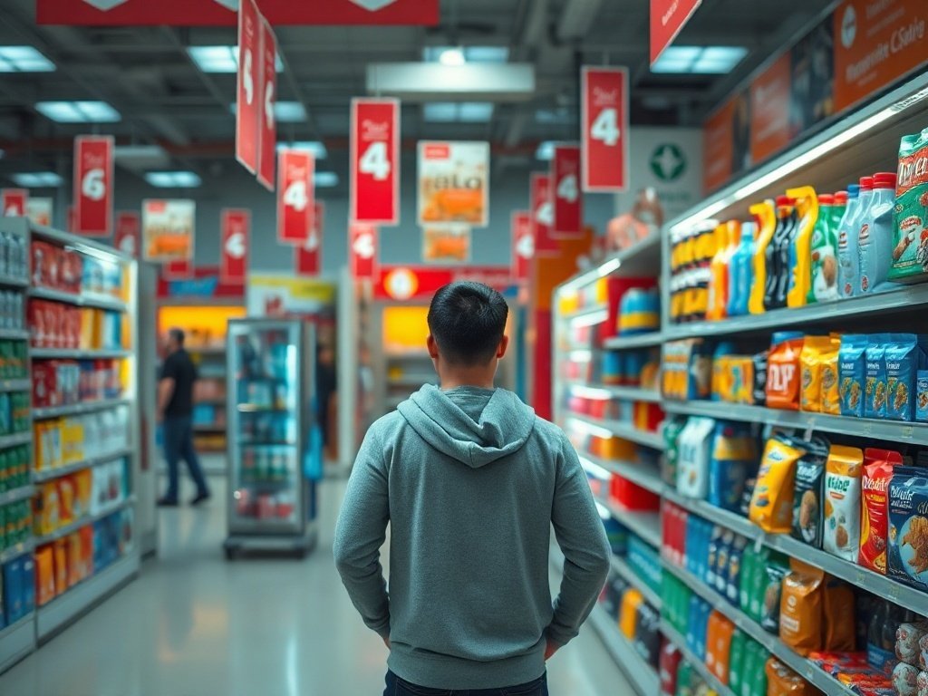 A person standing in a grocery store aisle, looking at various colorful products on the shelves.
