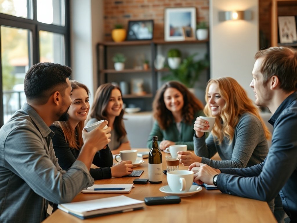 Group of young professionals discussing marketing strategies in a cozy setting.