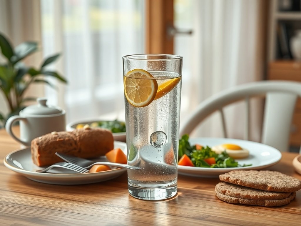 A refreshing glass of water with lemon slices next to a healthy breakfast including vegetables and whole grain bread.